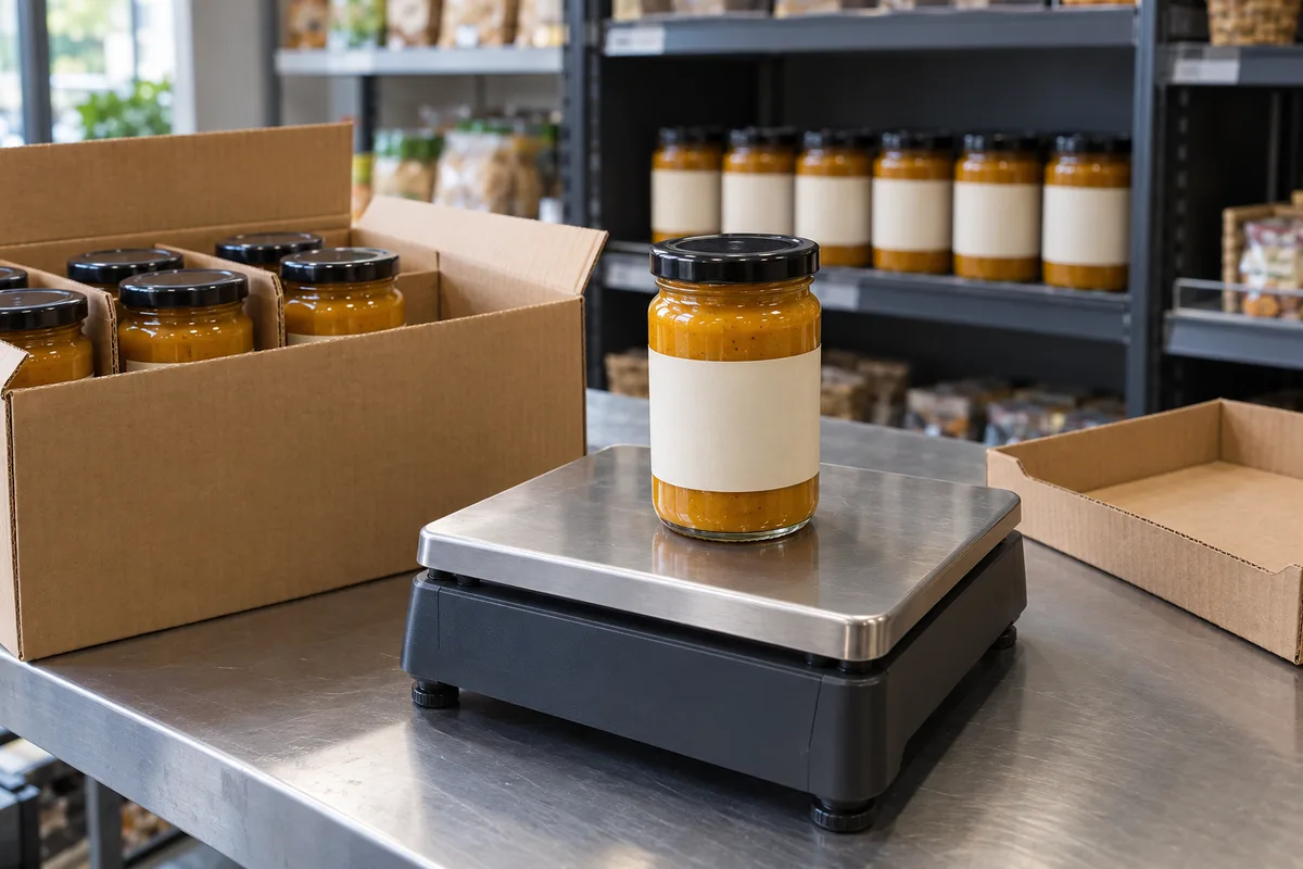 A sealed sauce jar rests on a bench scale beside a delivery carton of matching jars and an empty cardboard tray.