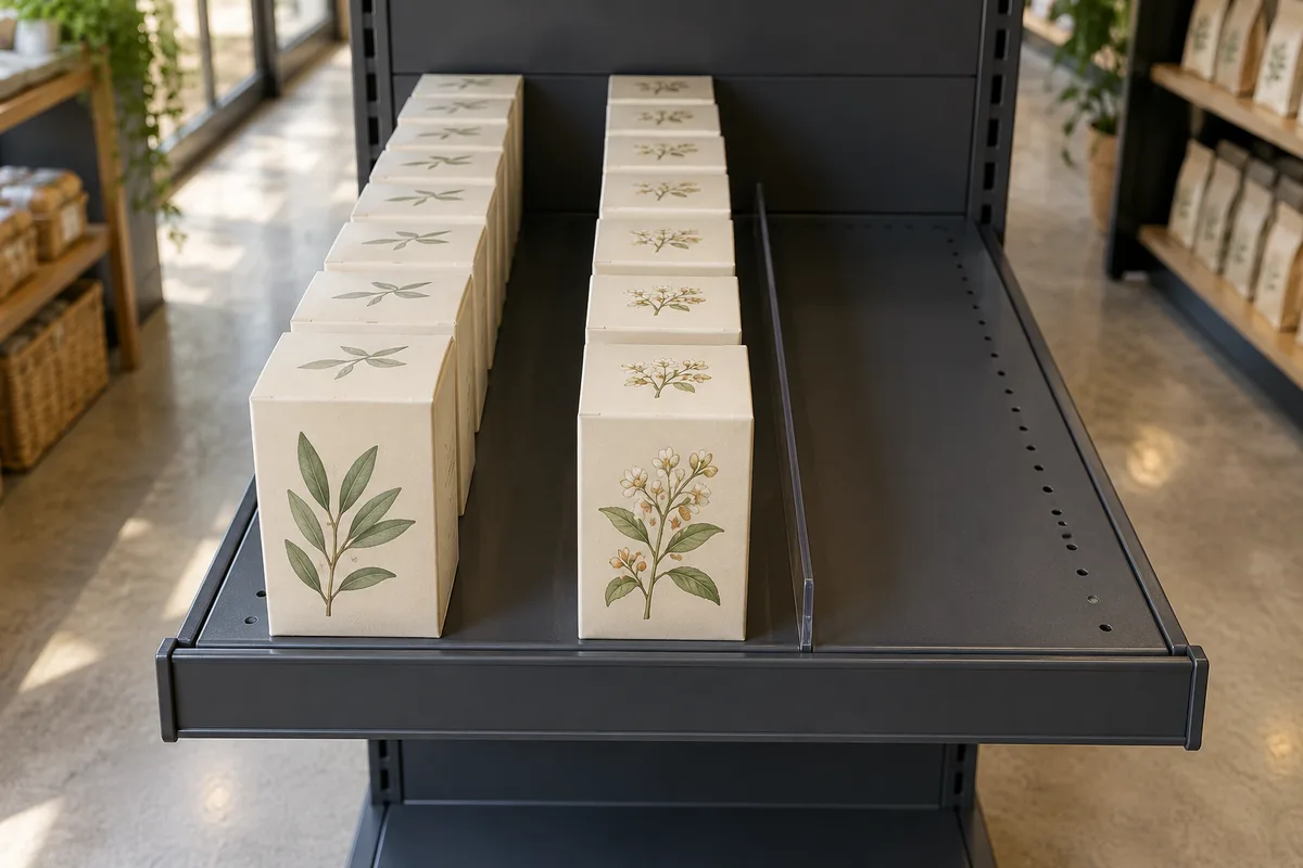 Two single-tier lanes of cream cartons run from the front of a steel shelf toward its back panel beside an empty divided area.