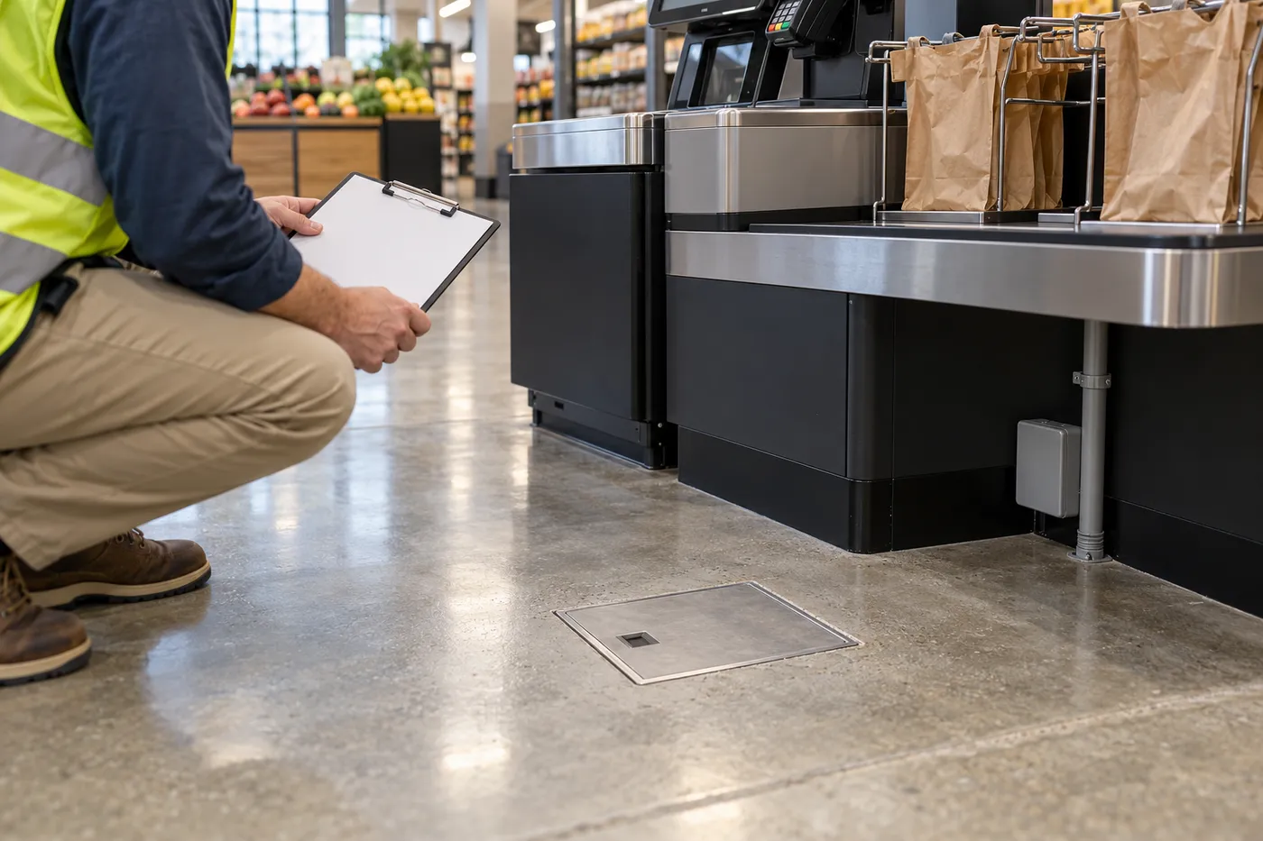 Power and data location survey beside a checkout