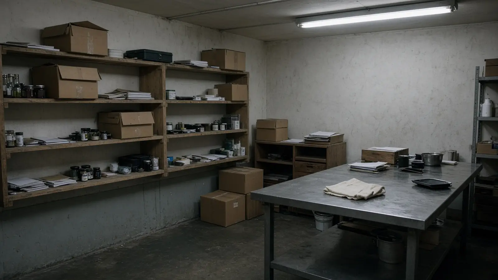 Example of a back room with shelves, boxes and a metal table.